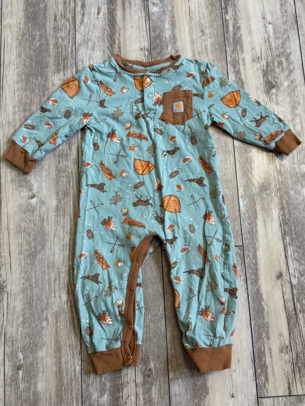 Carhartt Light Blue and Brown Camping Print One-Piece